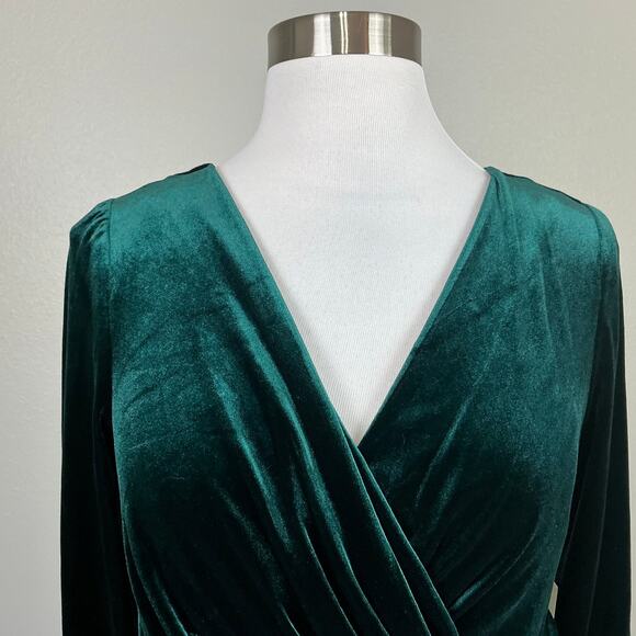 Eliza J Velvet Long Sleeve V-Neck Midi Sheath Cocktail Party Dress Green Size 12 - Picture 7 of 12